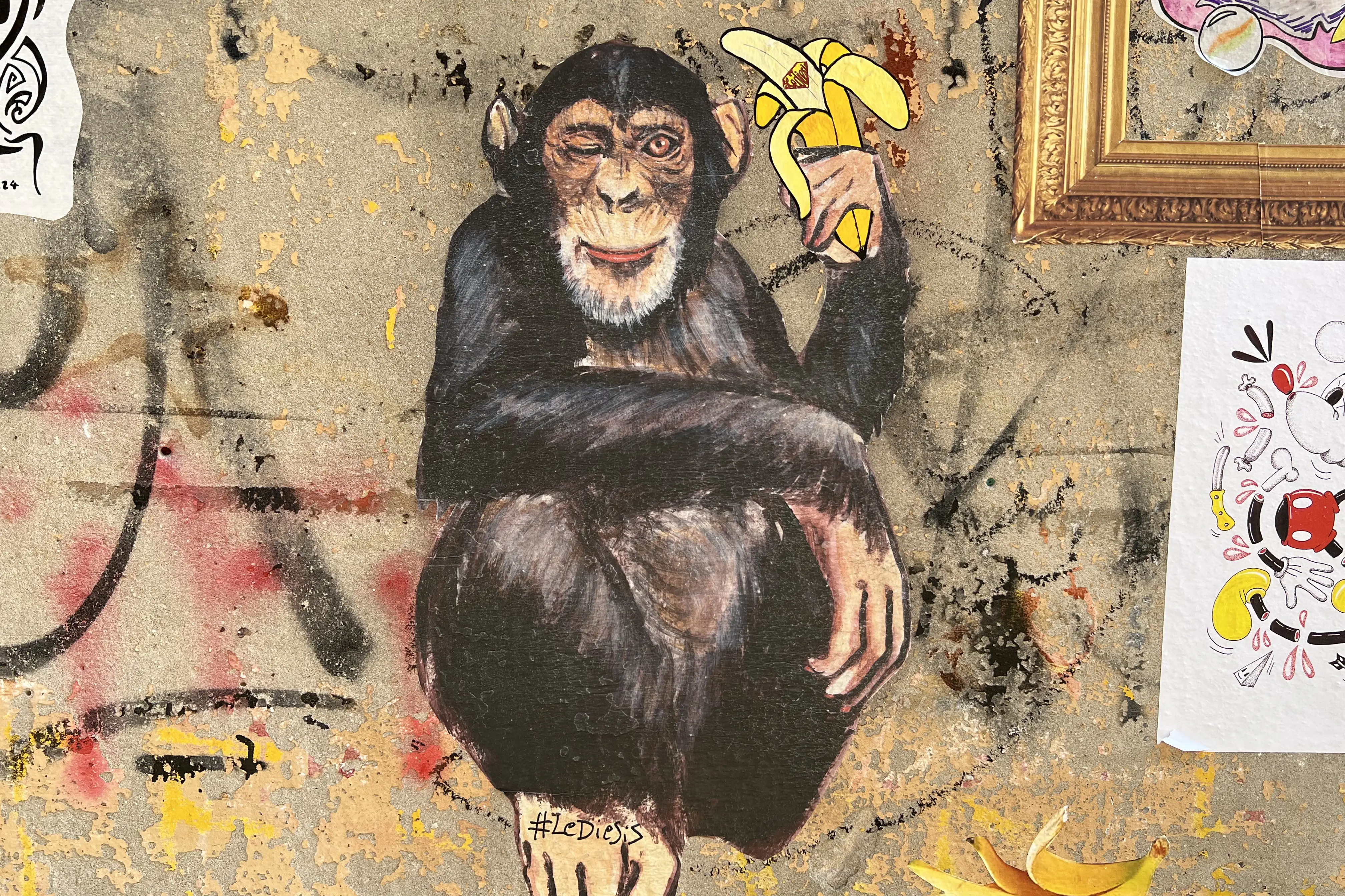 Stencil Zeichnung eines zwinkernden Affen mit Banane als Symbolbild für Gelassenheit und Entspannung.